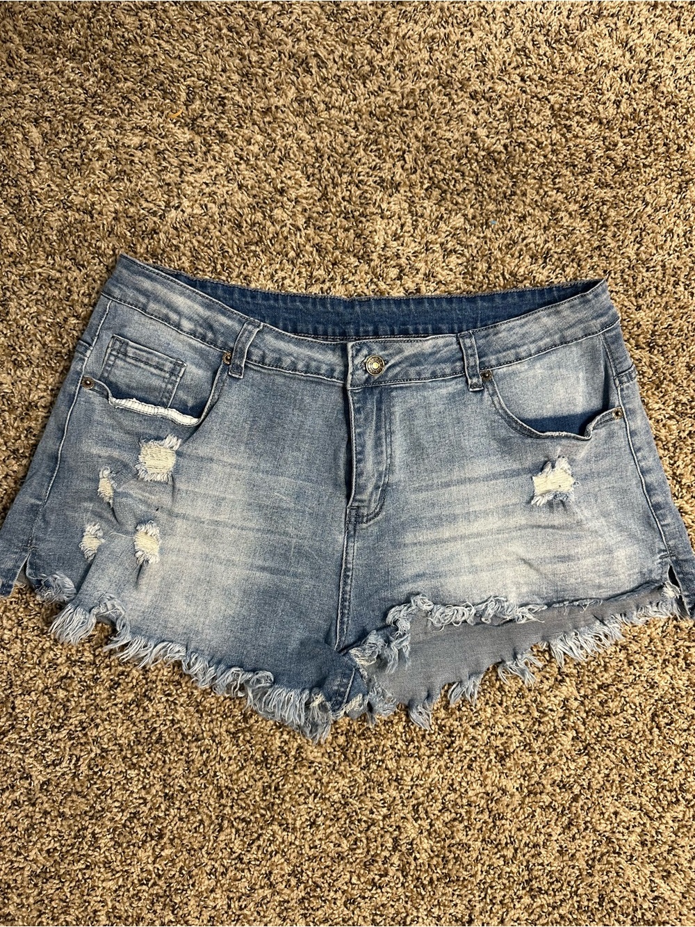 Light Wash Distressed Denim Shorts - Blue